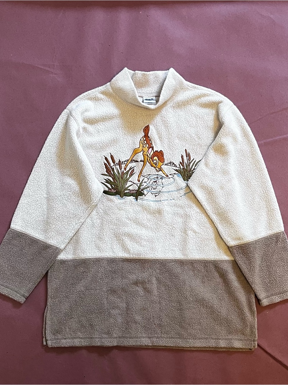 Disney Cream & Taupe Fleece Mock Neck Pullover with Bambi Embroidery